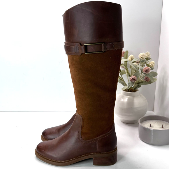Clarks Maye Carly Leather/Suede Knee High Boots Buckle Detail Brown Women's 6M - Picture 1 of 10